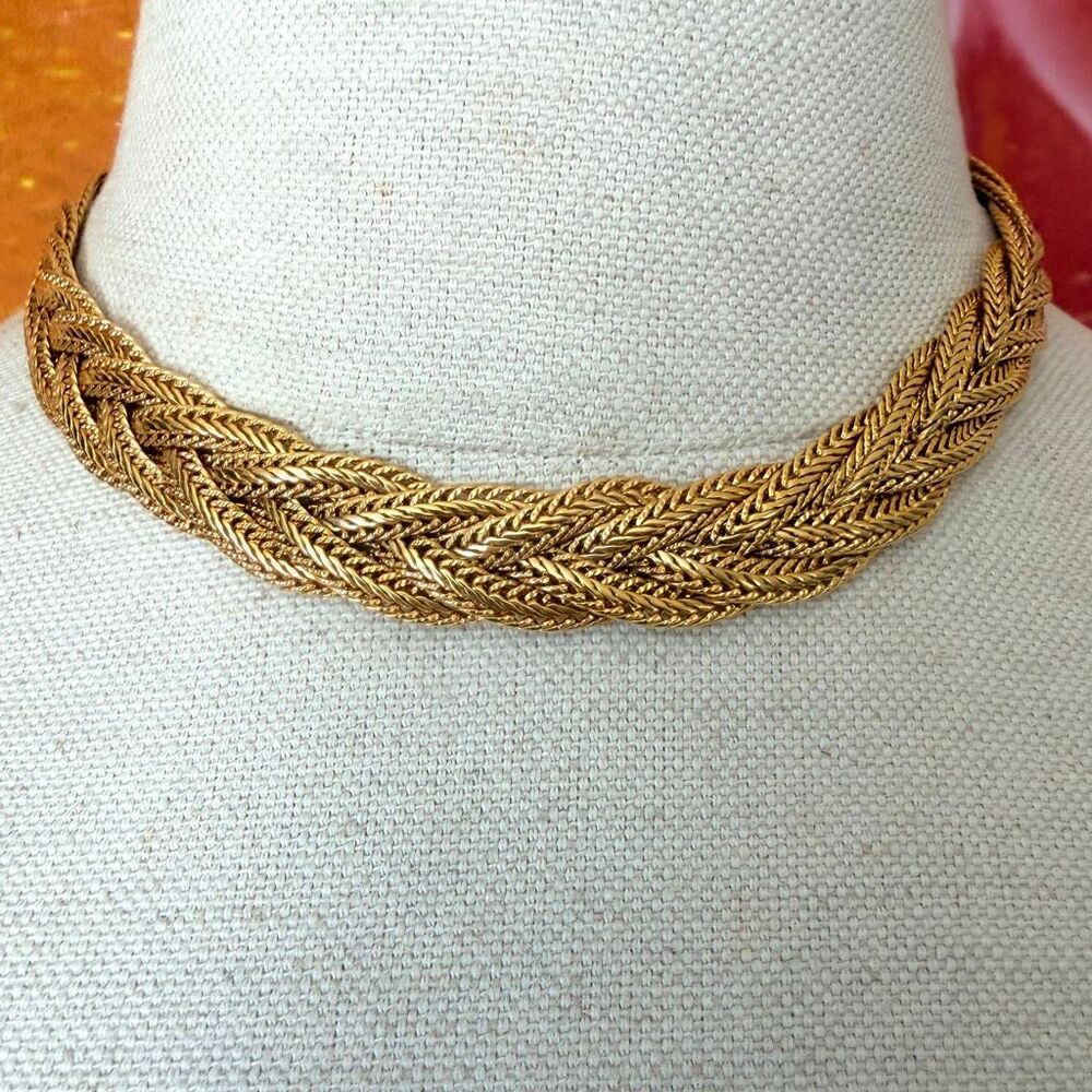 Vintage Gold Tone Multi Strand Braided Herringbone Statement Collar Necklace